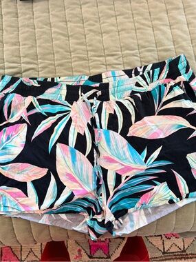 torrid Black Drawstring Shorts with Teal and Pink Leaf Print